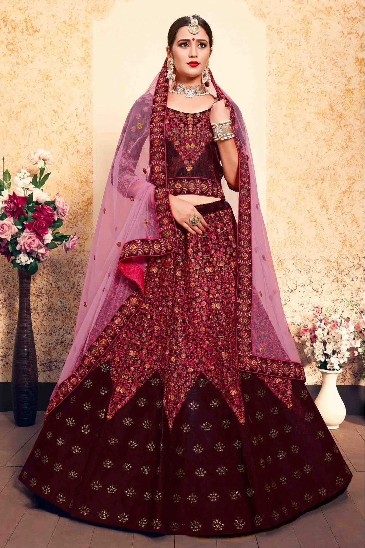 Maroon Colour Satin Embroidery Lehenga Choli LC1080194