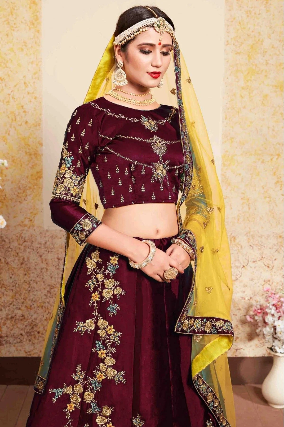 Maroon Colour Satin Embroidery Lehenga Choli LC1080431 A