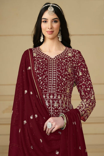 Maroon Colour Semi Stitched Faux Georgette Anarkali Suit SM1050480 A