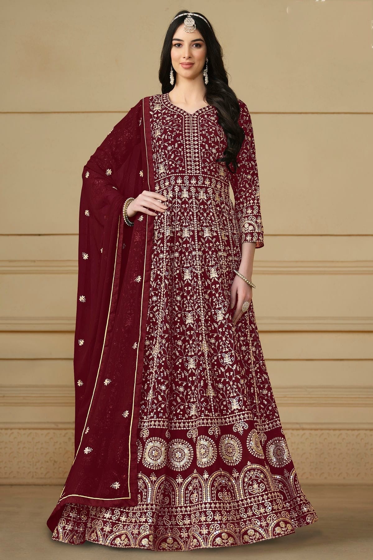 Maroon Colour Semi Stitched Faux Georgette Anarkali Suit SM1050480