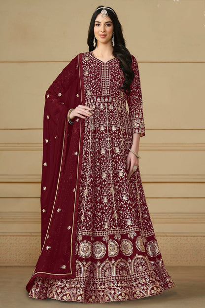 Maroon Colour Semi Stitched Faux Georgette Anarkali Suit SM1050480