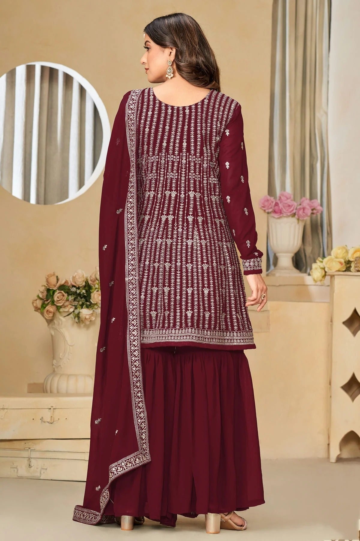 Maroon Colour Semi Stitched Faux Georgette Sharara Suit SM1050484 A