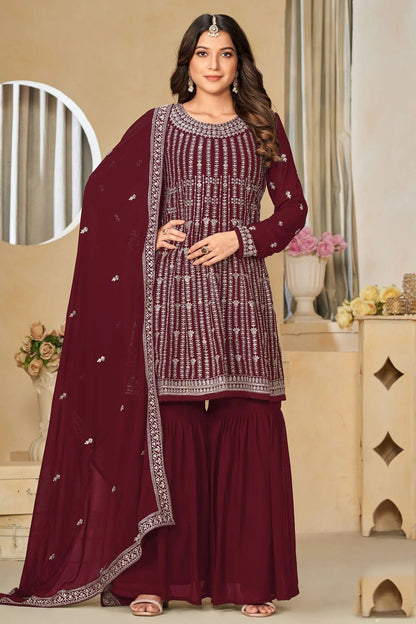Maroon Colour Semi Stitched Faux Georgette Sharara Suit SM1050484