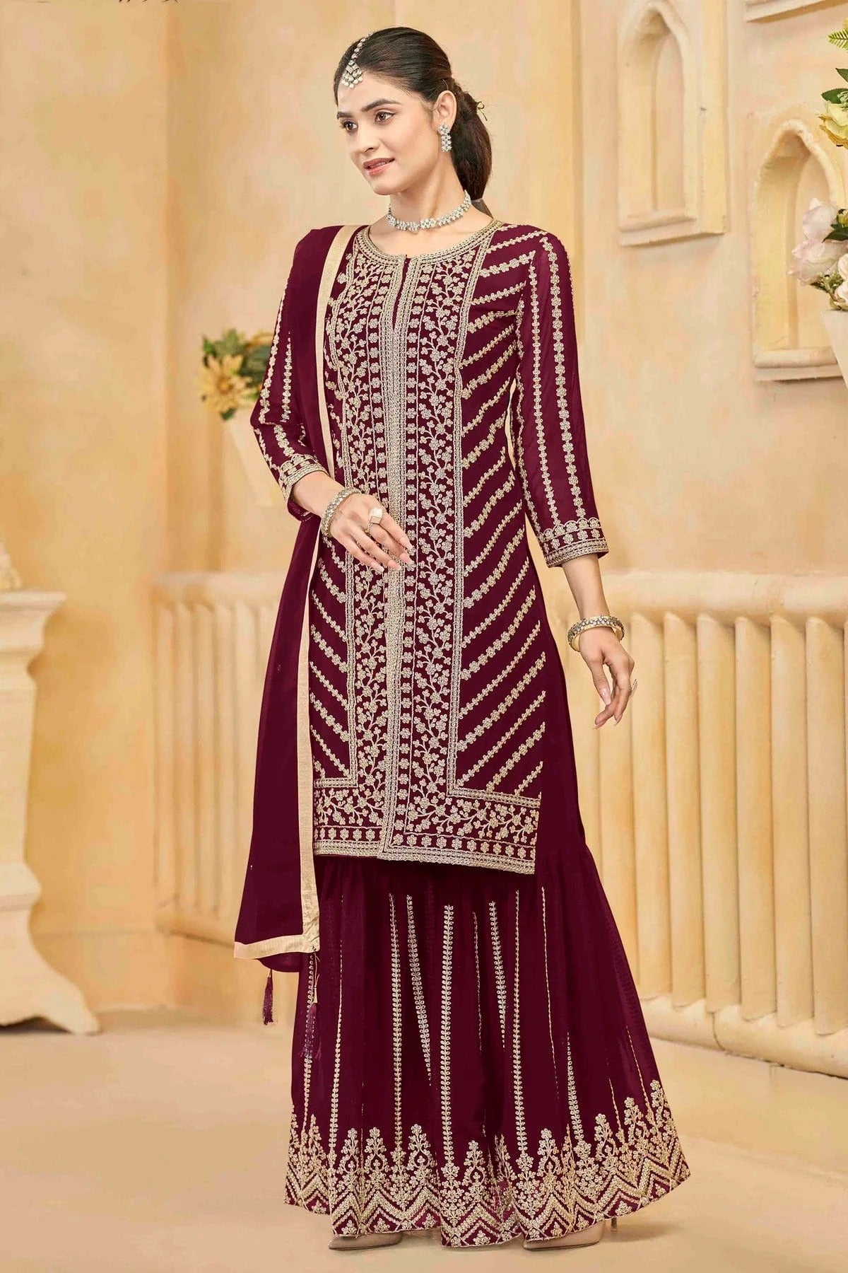 Maroon Colour Semi Stitched Faux Georgette Sharara Suit SM1050750 A