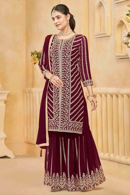 Maroon Colour Semi Stitched Faux Georgette Sharara Suit SM1050750 A