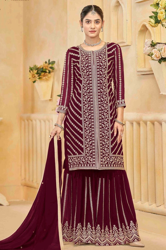 Maroon Colour Semi Stitched Faux Georgette Sharara Suit SM1050750
