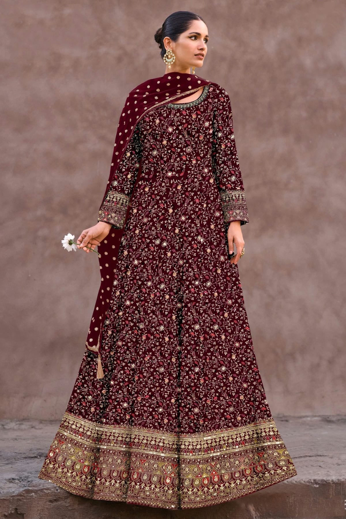 Maroon Colour Semi Stitched Georgette Anarkali Suit SM1140263