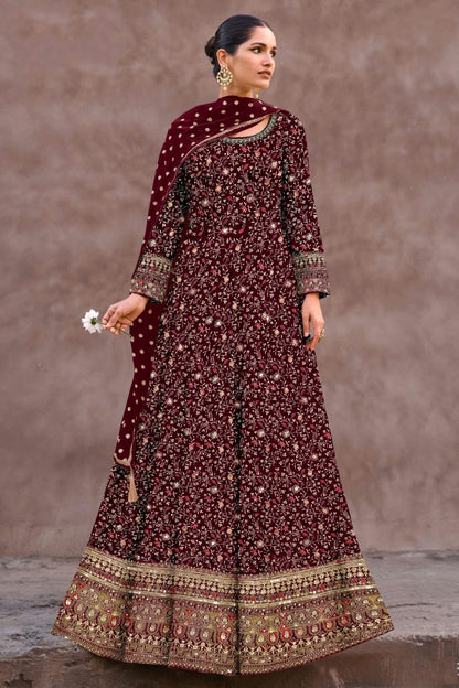 Maroon Colour Semi Stitched Georgette Anarkali Suit SM1140263