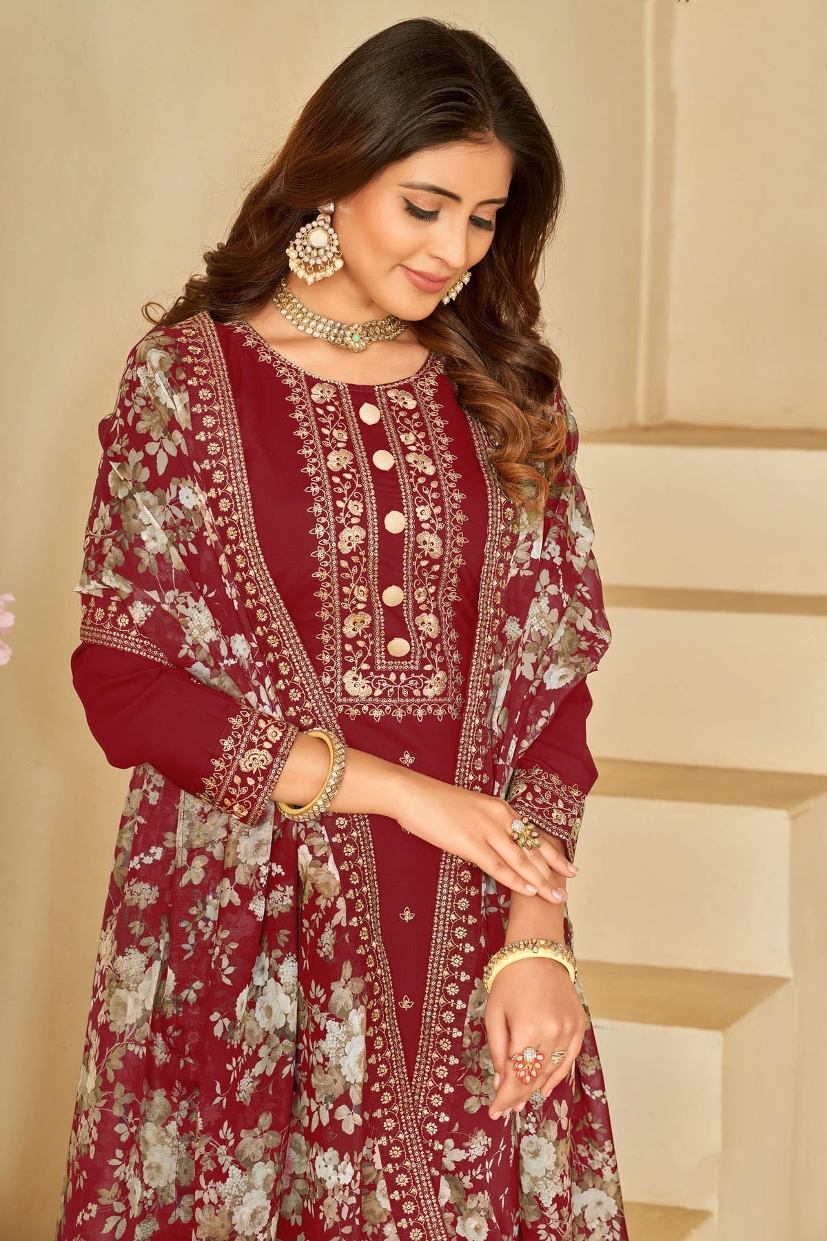 Maroon Colour Semi Stitched Roman Silk Pant Style Suit SM1050448 A