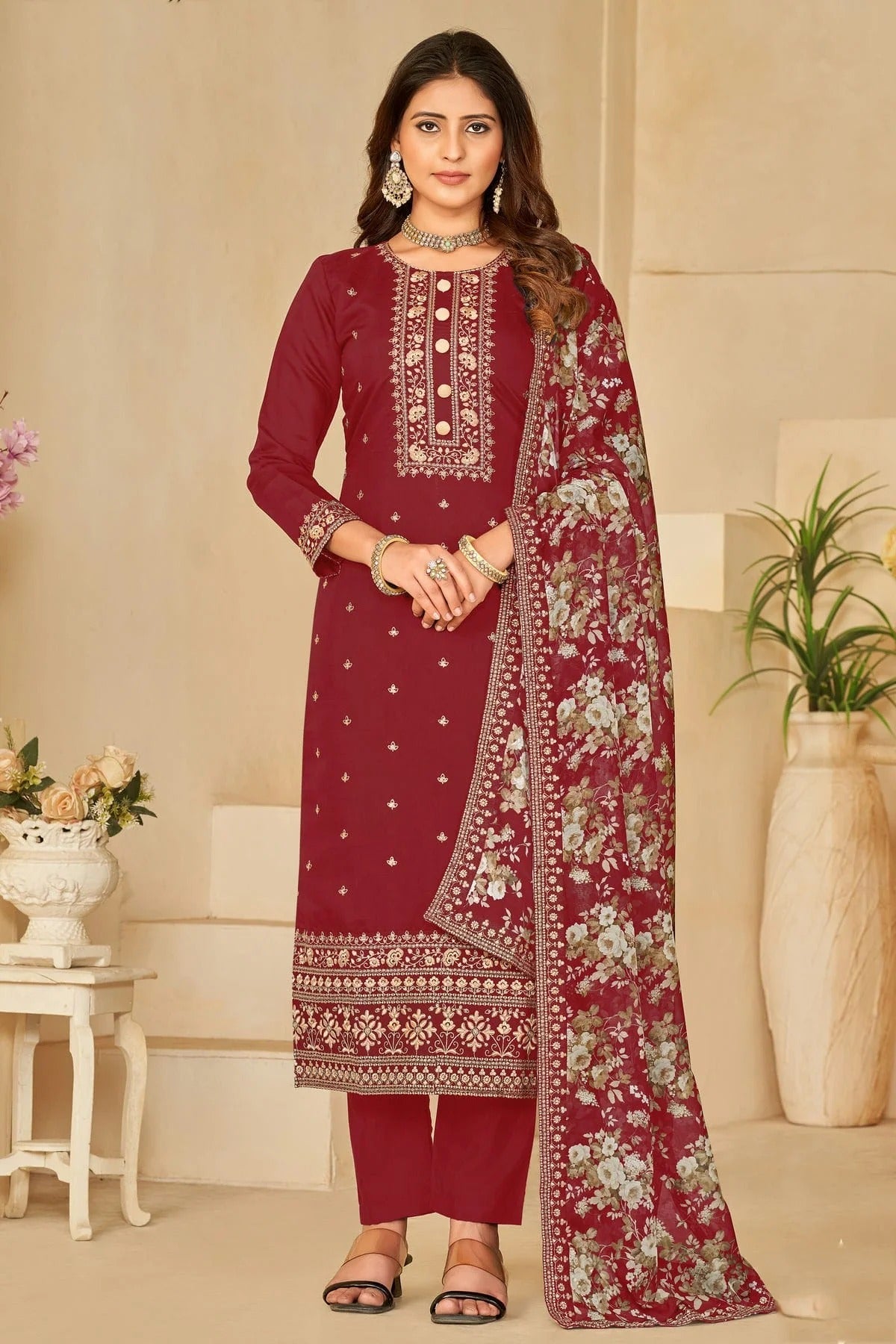 Maroon Colour Semi Stitched Roman Silk Pant Style Suit SM1050448