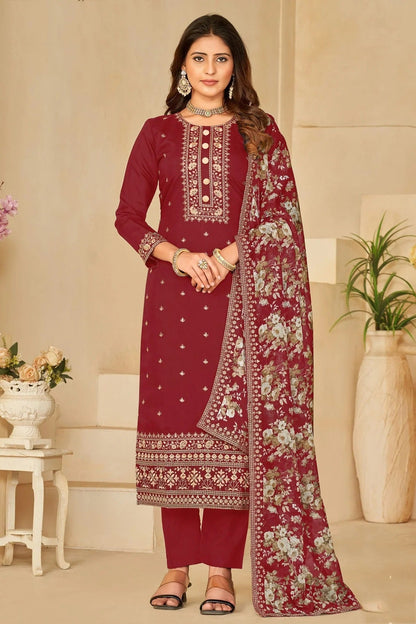 Maroon Colour Semi Stitched Roman Silk Pant Style Suit SM1050448