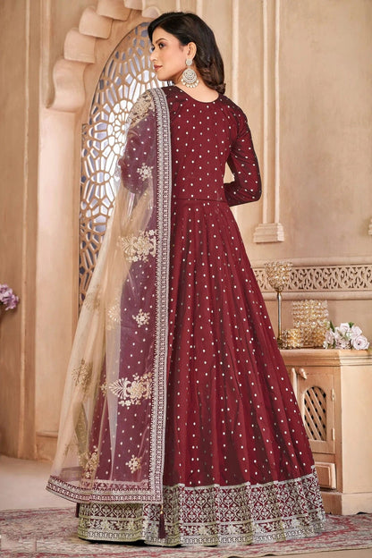 Maroon Colour Semi Stitched Taffeta Silk Anarkali Suit SM1050423 A