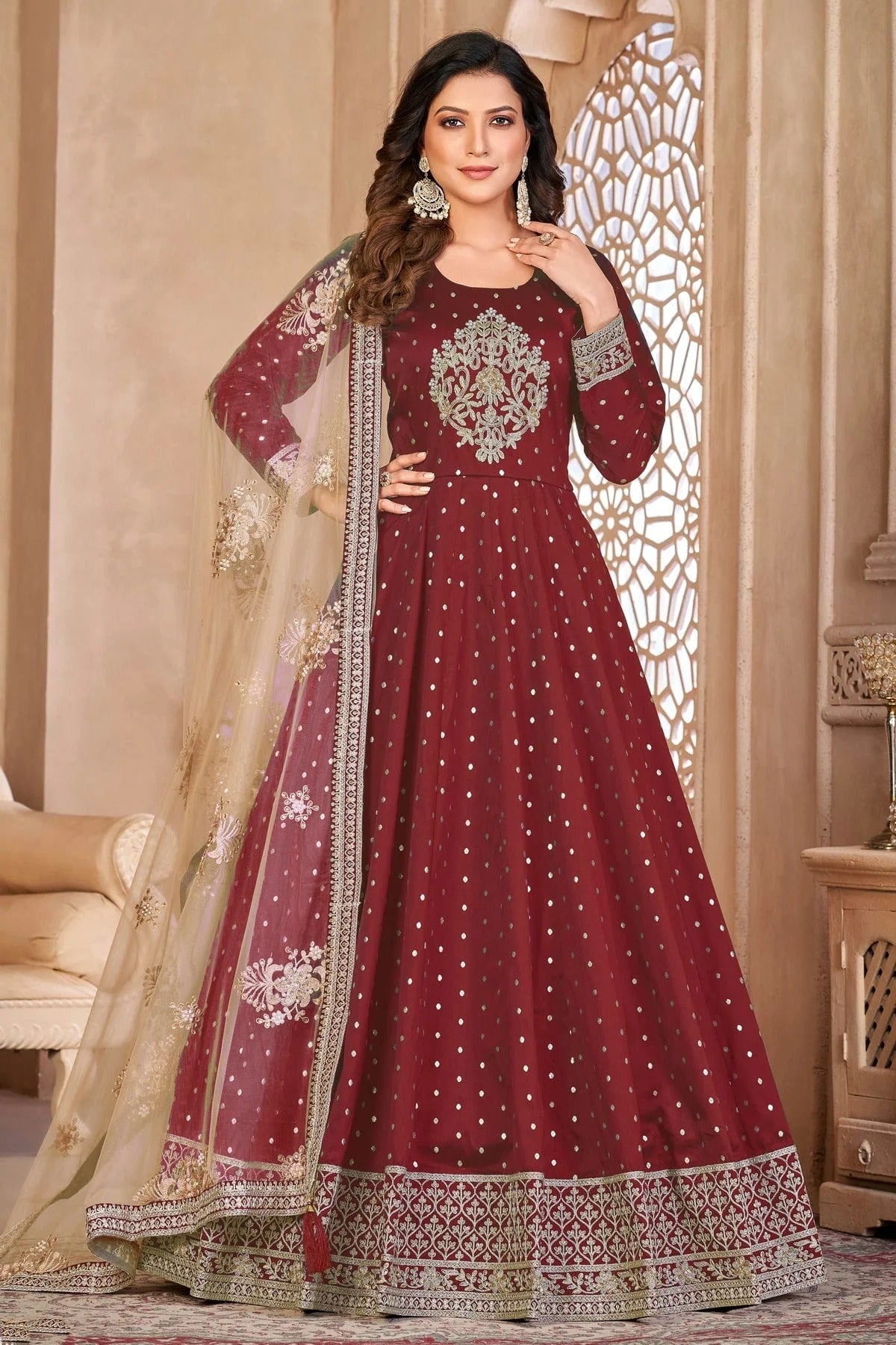 Maroon Colour Semi Stitched Taffeta Silk Anarkali Suit SM1050423