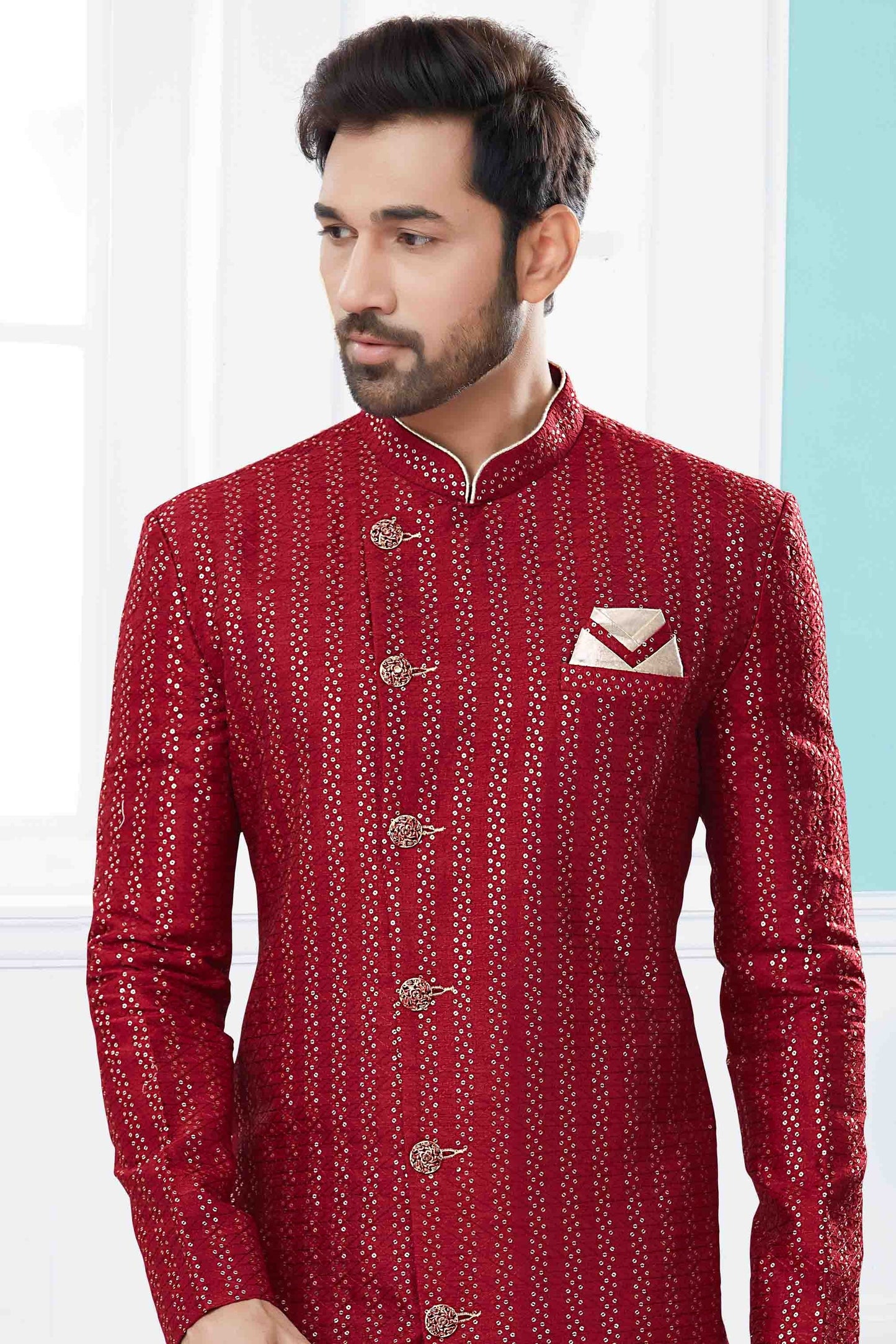 Maroon Colour Sherwani In Jacquard Fabric SH1040419 A