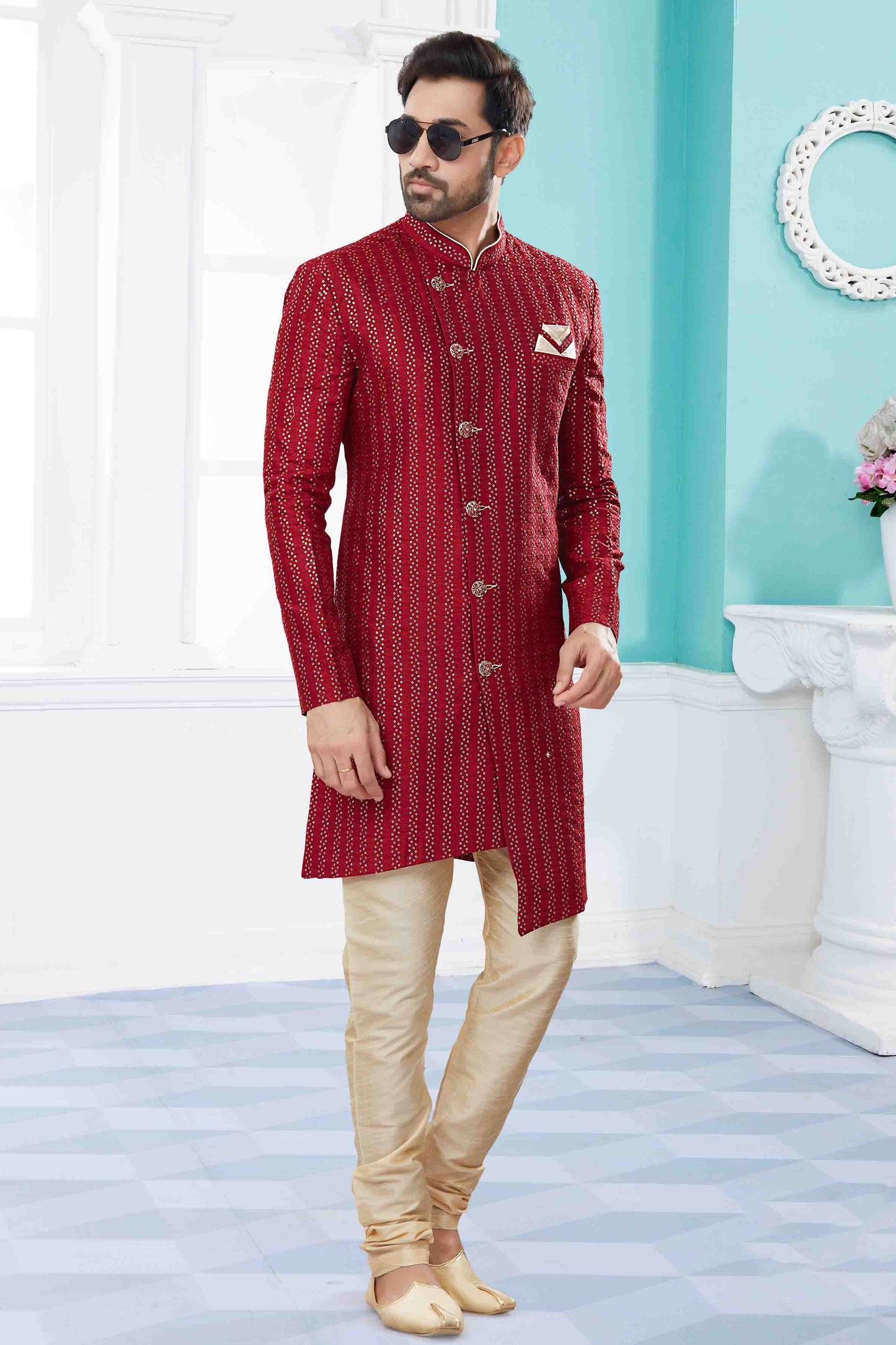 Maroon Colour Sherwani In Jacquard Fabric SH1040419