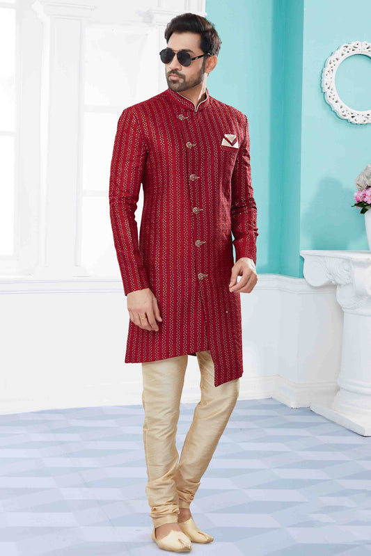 Maroon Colour Sherwani In Jacquard Fabric SH1040419