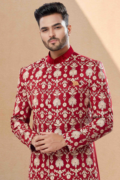 Maroon Colour Sherwani In Velvet Fabric SH1040411 A