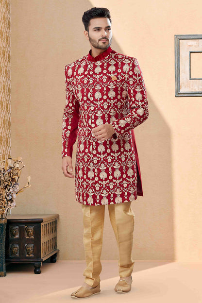 Maroon Colour Sherwani In Velvet Fabric SH1040411