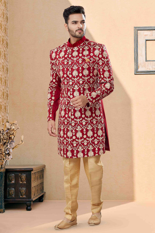 Maroon Colour Sherwani In Velvet Fabric SH1040411