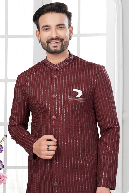 Maroon Colour Silk Dupion Dhoti Sherwani SH1040631 A