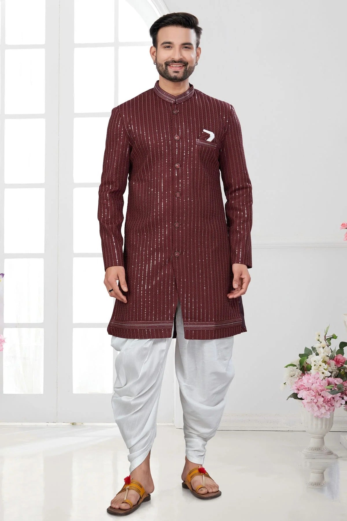 Maroon Colour Silk Dupion Dhoti Sherwani SH1040631