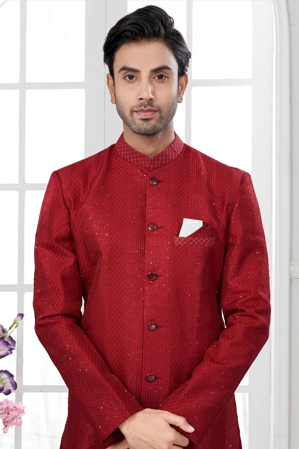 Maroon Colour Silk Dupion Sherwani SH1040619 A