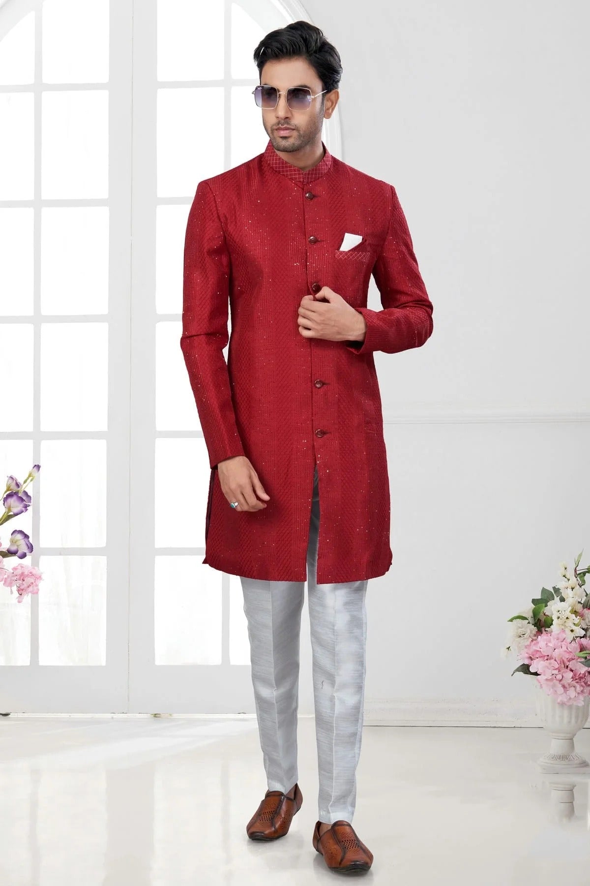 Maroon Colour Silk Dupion Sherwani SH1040619