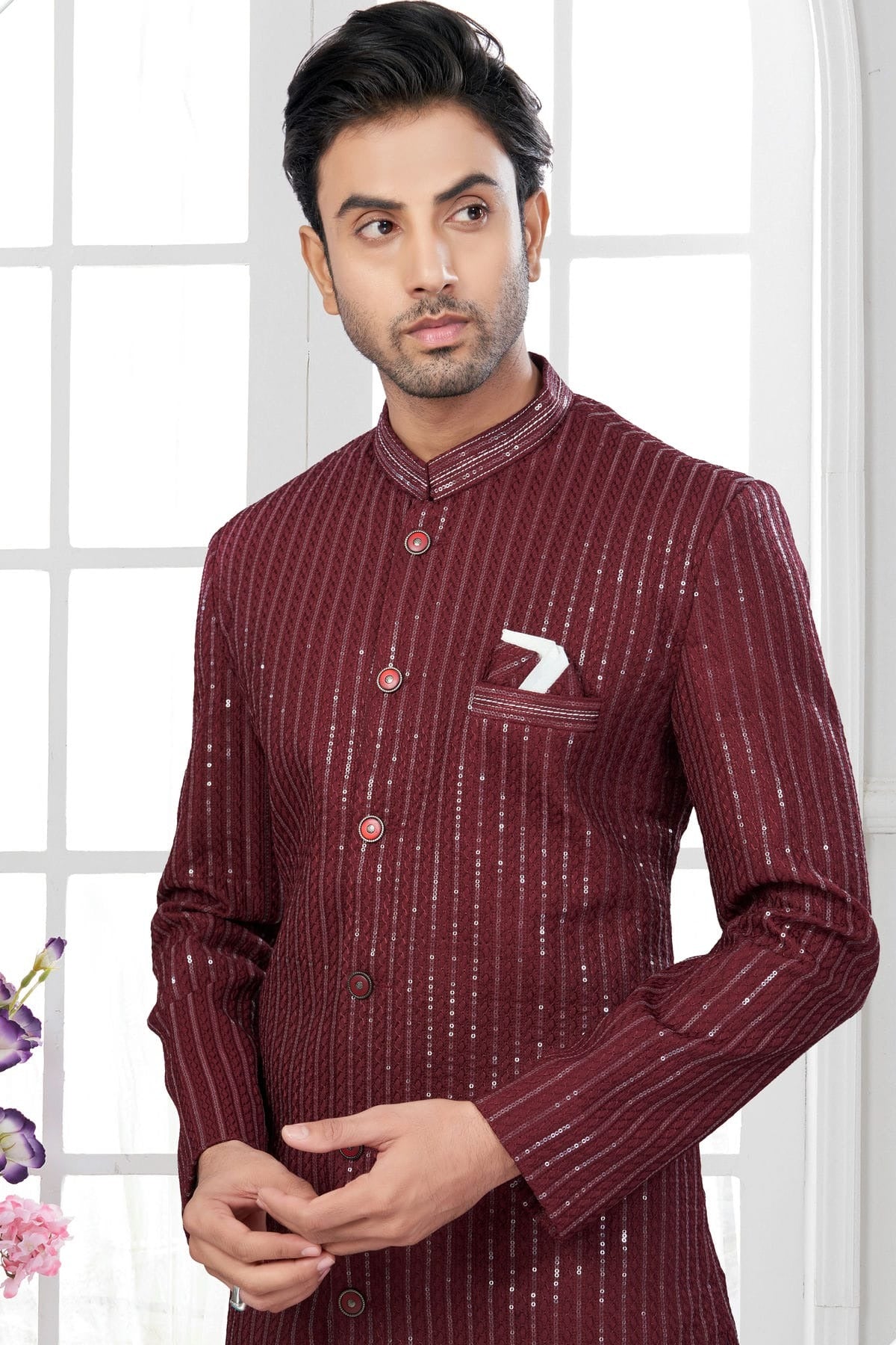 Maroon Colour Silk Dupion Sherwani SH1040636 A