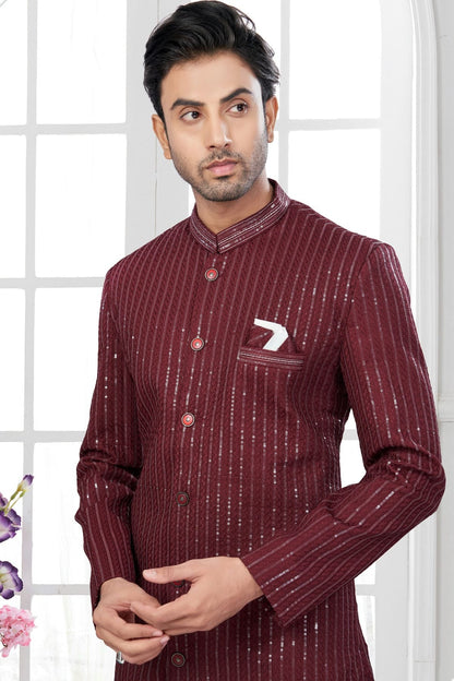 Maroon Colour Silk Dupion Sherwani SH1040636 A