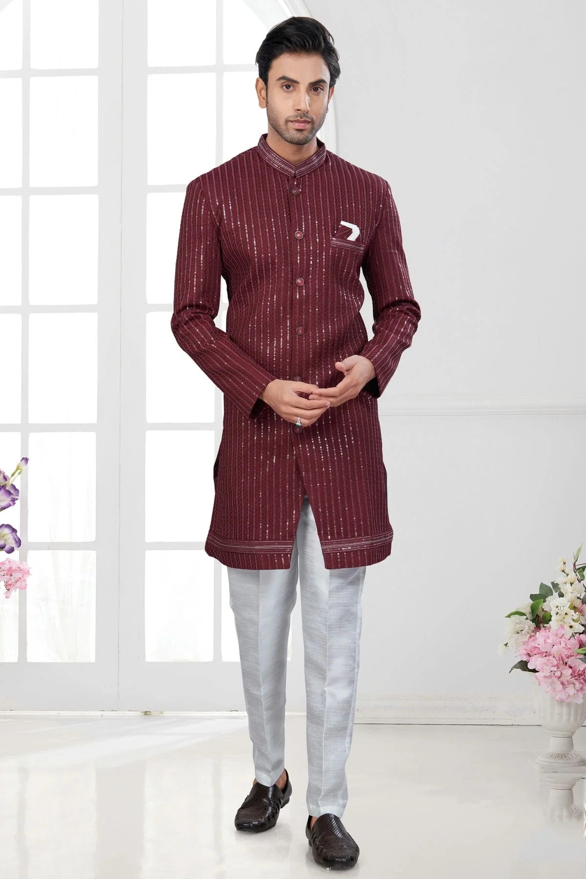Maroon Colour Silk Dupion Sherwani SH1040636