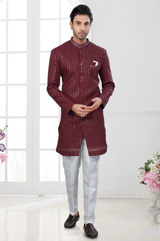 Maroon Colour Silk Dupion Sherwani SH1040636