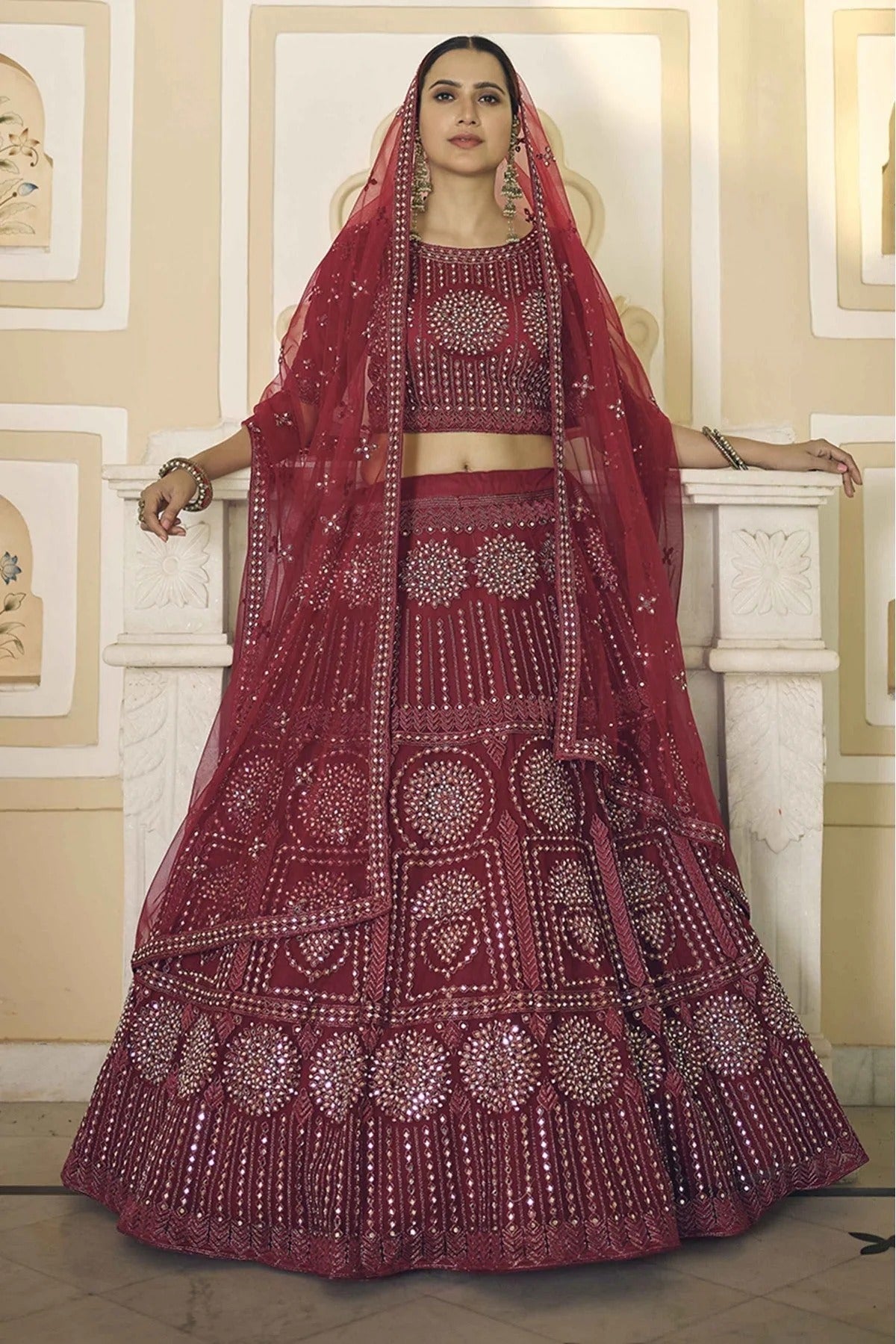 Maroon Colour Soft Net Mirror Work Lehenga Choli LC1080358 A