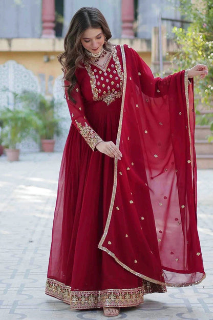 Maroon Colour Stitched Faux Georgette Gown GW1112812 A