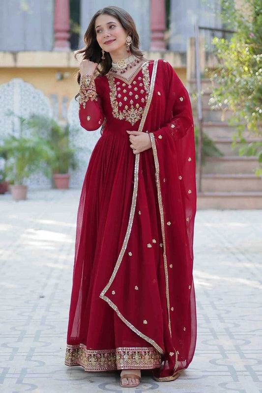 Maroon Colour Stitched Faux Georgette Gown GW1112812
