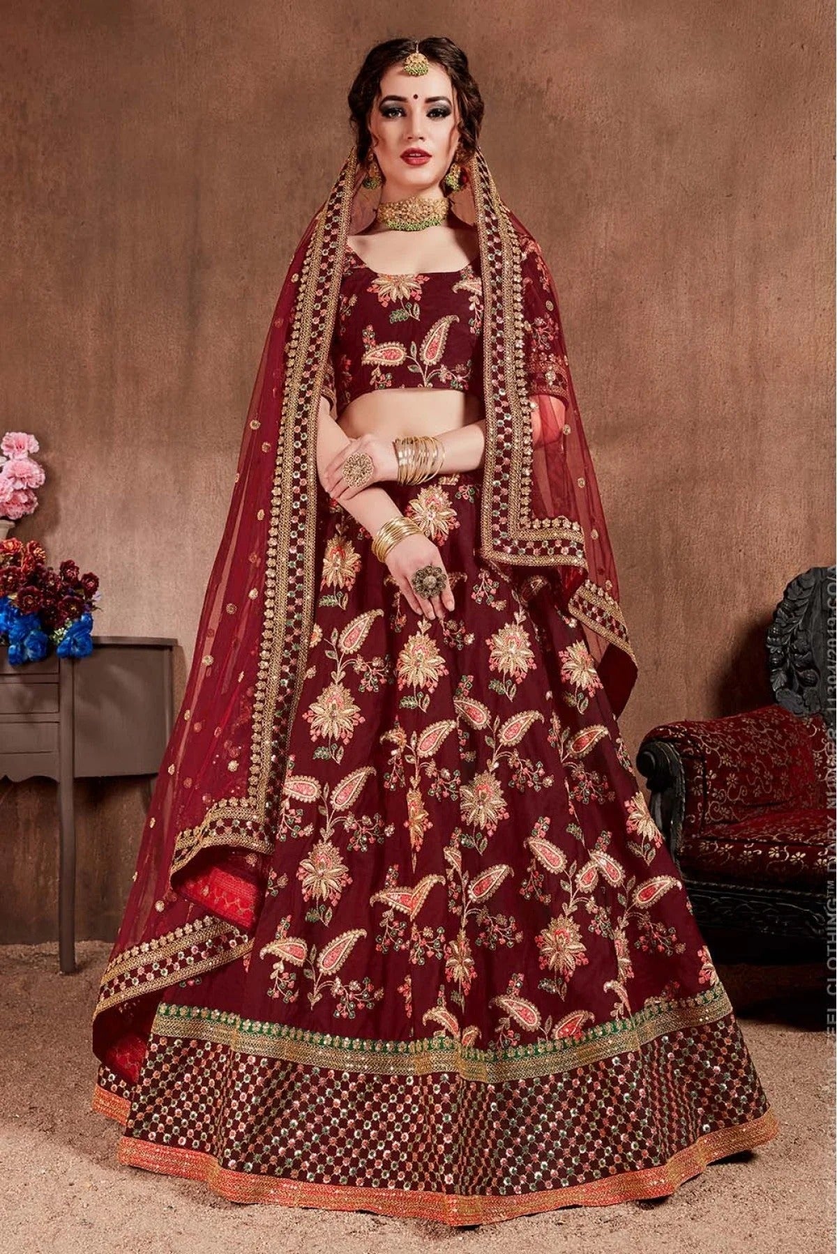 Maroon Colour Taffeta Silk Lehenga Choli LC1010092 A