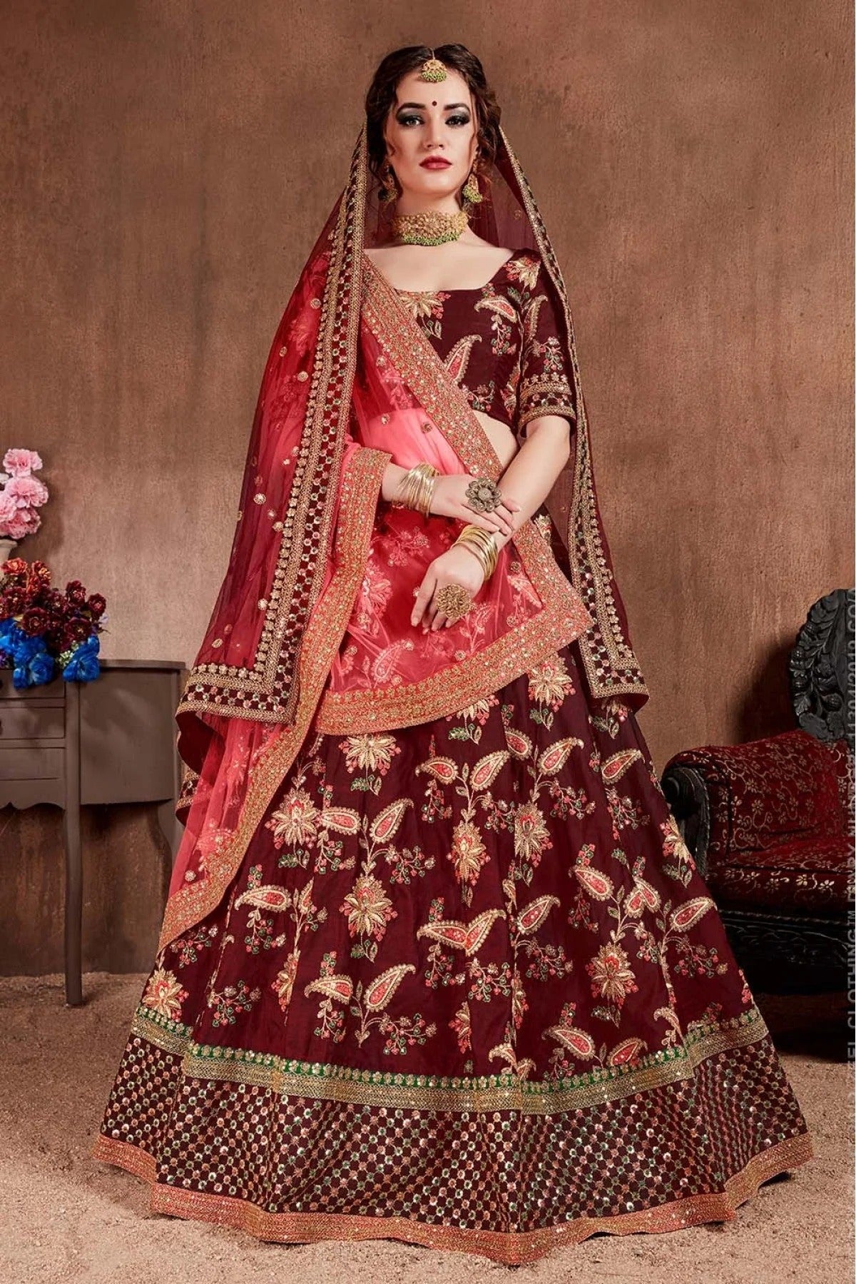 Maroon Colour Taffeta Silk Lehenga Choli LC1010092