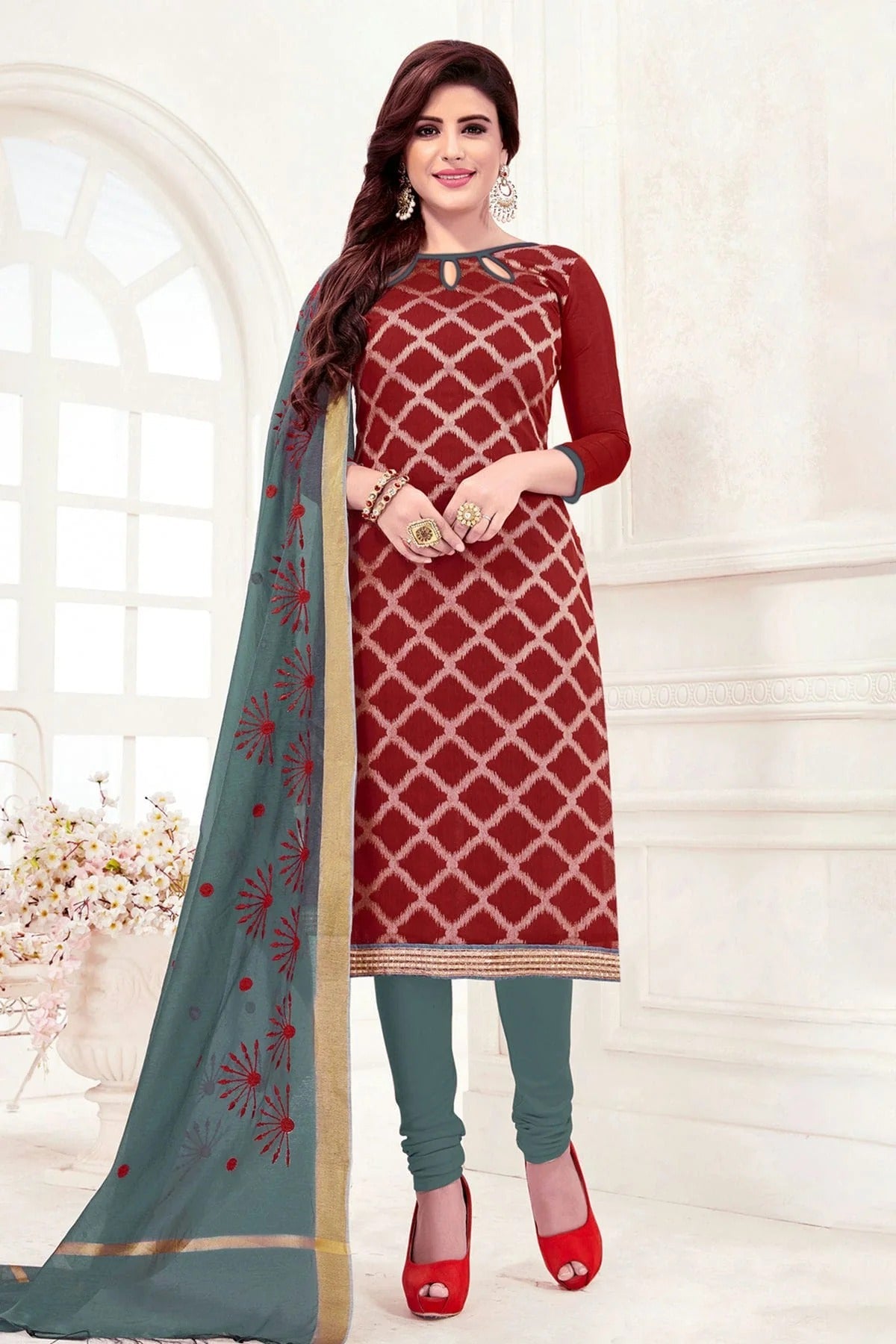 Maroon Colour Unstitched Banarasi Jacquard Churidar Suit US1161064