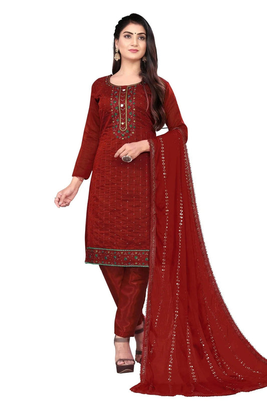Maroon Colour Unstitched Chanderi Cotton Straight Suit US1160666
