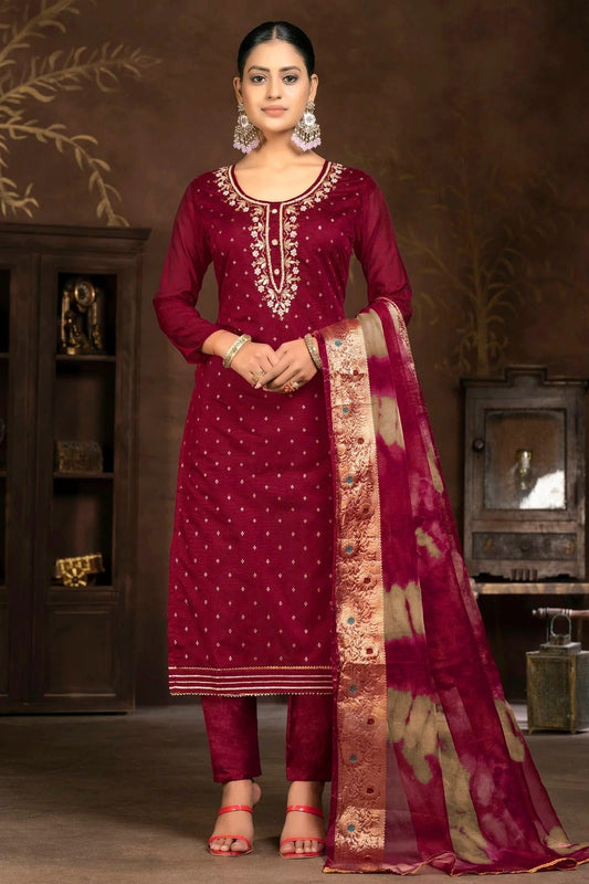 Maroon Colour Unstitched Cotton Jacquard Pant Style Suit US1161320