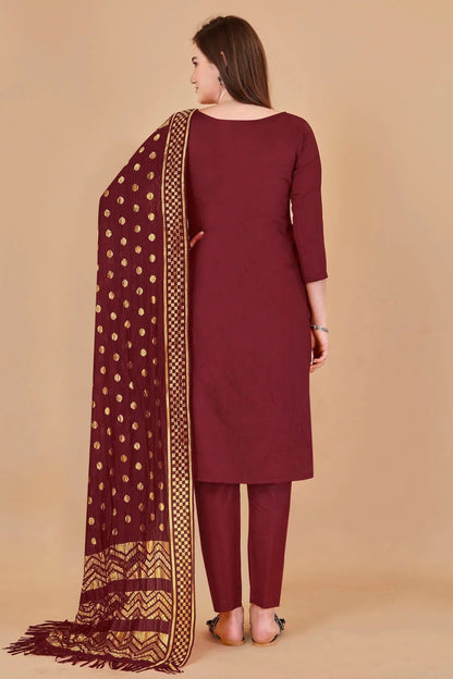 Maroon Colour Unstitched Cotton Jacquard Straight Suit US1160880 A
