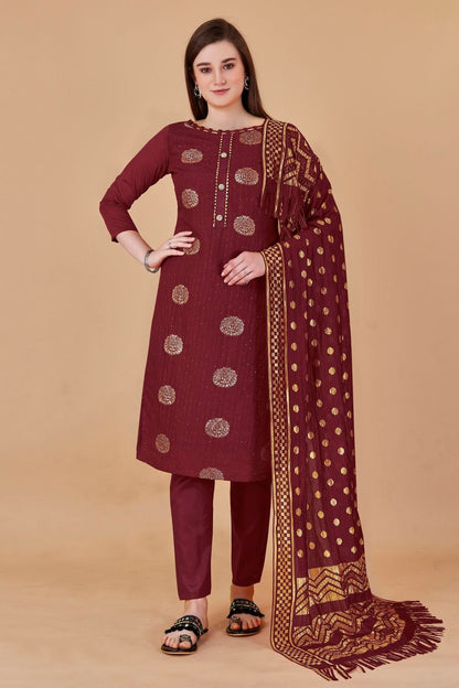 Maroon Colour Unstitched Cotton Jacquard Straight Suit US1160880