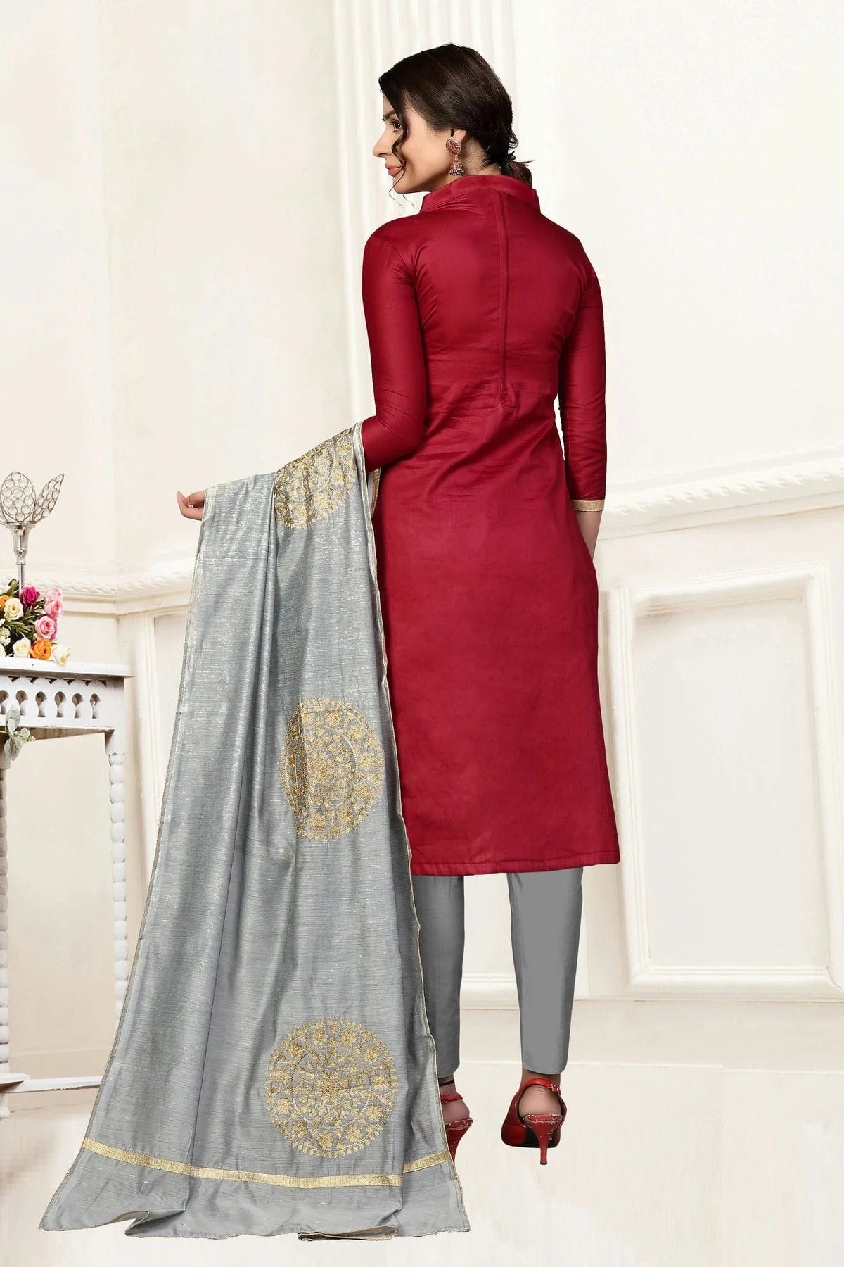 Maroon Colour Unstitched Glass Cotton Straight Suit US1160867 A