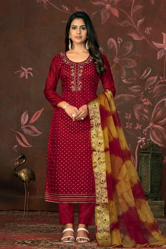 Maroon Colour Unstitched Modal Cotton Pant Style Suit US1161241