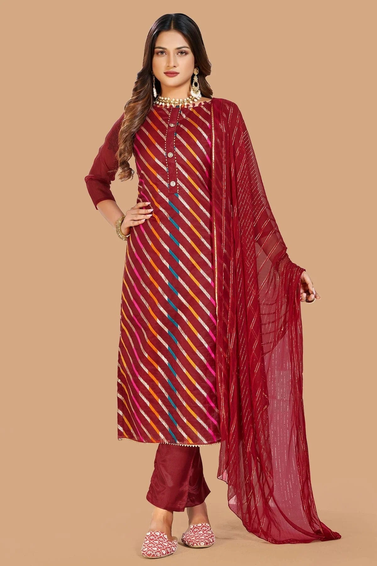 Maroon Colour Unstitched Organza Jacquard Fabric Straight Suit US1161030