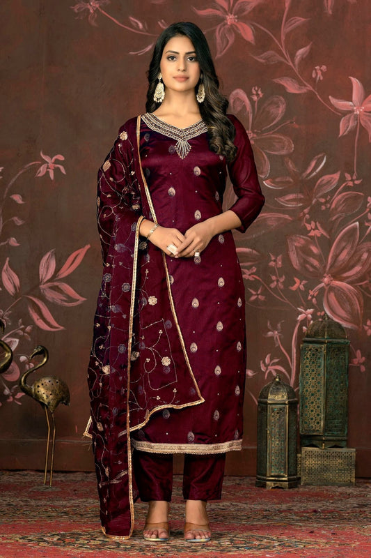 Maroon Colour Unstitched Organza Jacquard Straight Suit US1161299