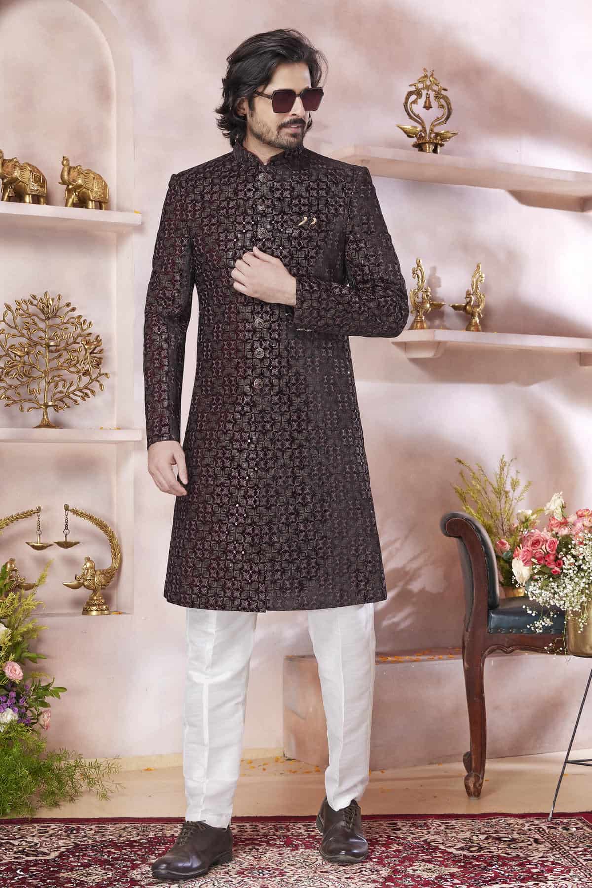 Maroon Colour Velvet Embroidery Work Sherwani