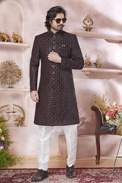 Maroon Colour Velvet Embroidery Work Sherwani