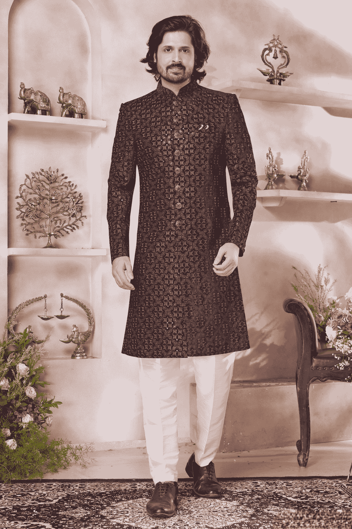 Maroon Colour Velvet Embroidery Work Sherwani