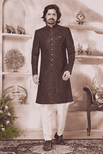 Maroon Colour Velvet Embroidery Work Sherwani