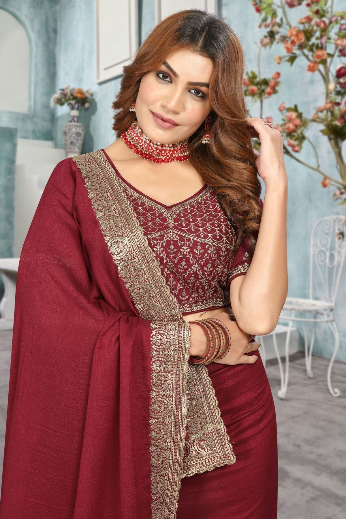 Maroon Colour Vichitra Bloming Designer Saree SD1091227 A